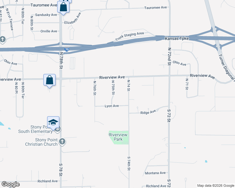 map of restaurants, bars, coffee shops, grocery stores, and more near 60 North 75th Street in Kansas City