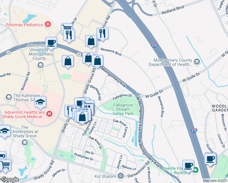 map of restaurants, bars, coffee shops, grocery stores, and more near 719 Fallsgrove Drive in Rockville