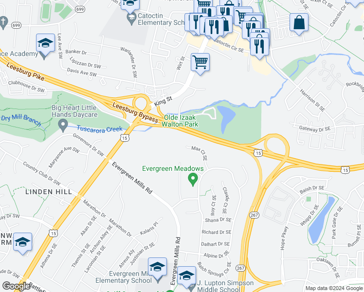 map of restaurants, bars, coffee shops, grocery stores, and more near 123 Max Court Southeast in Leesburg