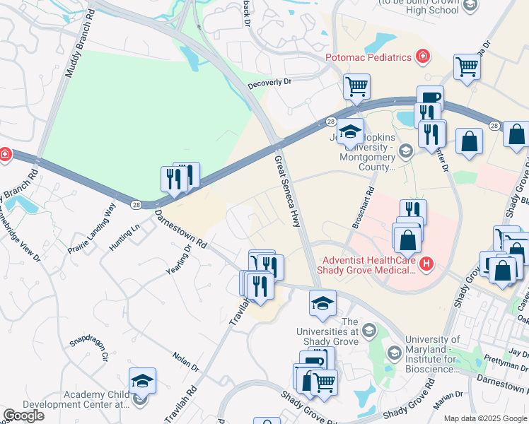 map of restaurants, bars, coffee shops, grocery stores, and more near 14938 Swat Street in Rockville