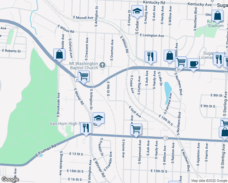 map of restaurants, bars, coffee shops, grocery stores, and more near 814 South Hawthorne Avenue in Independence
