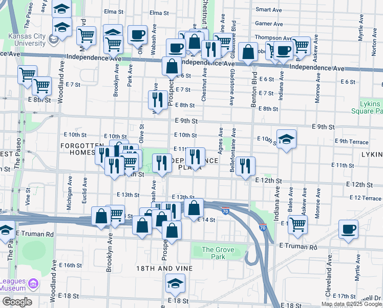 map of restaurants, bars, coffee shops, grocery stores, and more near 2639e East 11 Street in Kansas City