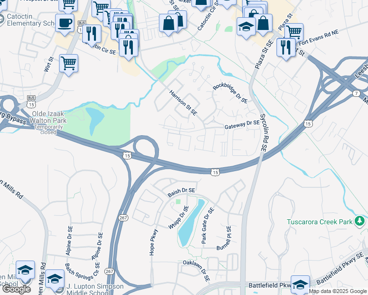 map of restaurants, bars, coffee shops, grocery stores, and more near 653 Constellation Square Southeast in Leesburg