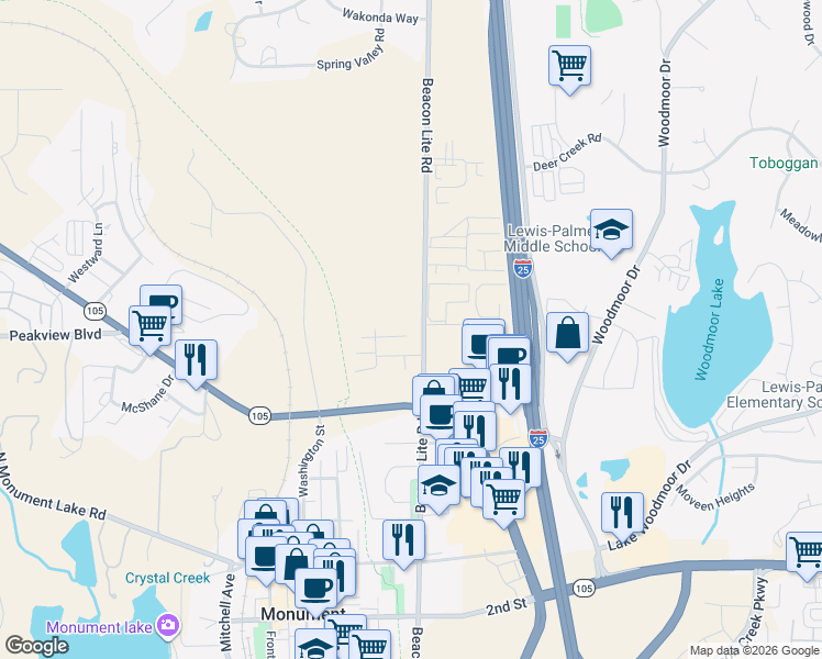 map of restaurants, bars, coffee shops, grocery stores, and more near 800 Beacon Lite Road in Monument