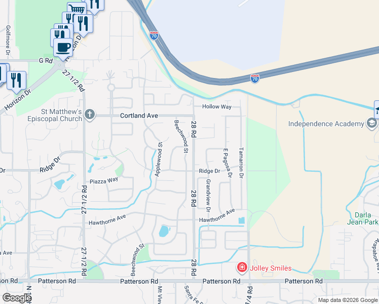 map of restaurants, bars, coffee shops, grocery stores, and more near 3630 Beechwood Street in Grand Junction