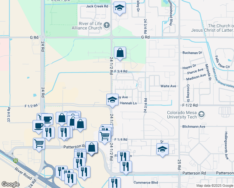map of restaurants, bars, coffee shops, grocery stores, and more near 657 Serenity Lane in Grand Junction