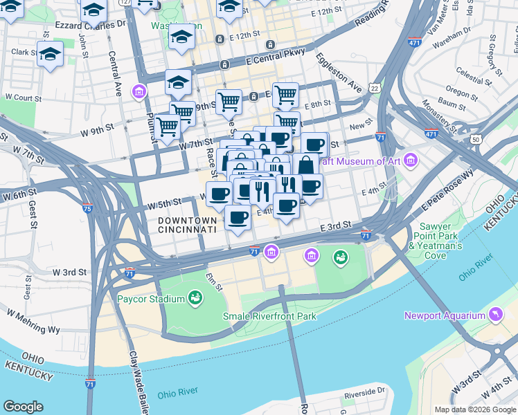 map of restaurants, bars, coffee shops, grocery stores, and more near 14 East 4th Street in Cincinnati