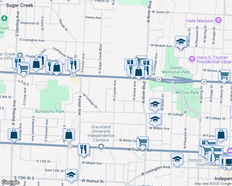 map of restaurants, bars, coffee shops, grocery stores, and more near 1217 West Saint Charles Street in Independence