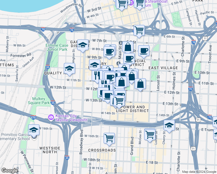 map of restaurants, bars, coffee shops, grocery stores, and more near in Kansas City
