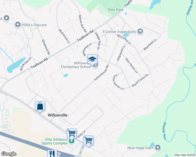 map of restaurants, bars, coffee shops, grocery stores, and more near 4528 Schoolhouse Road in Batavia