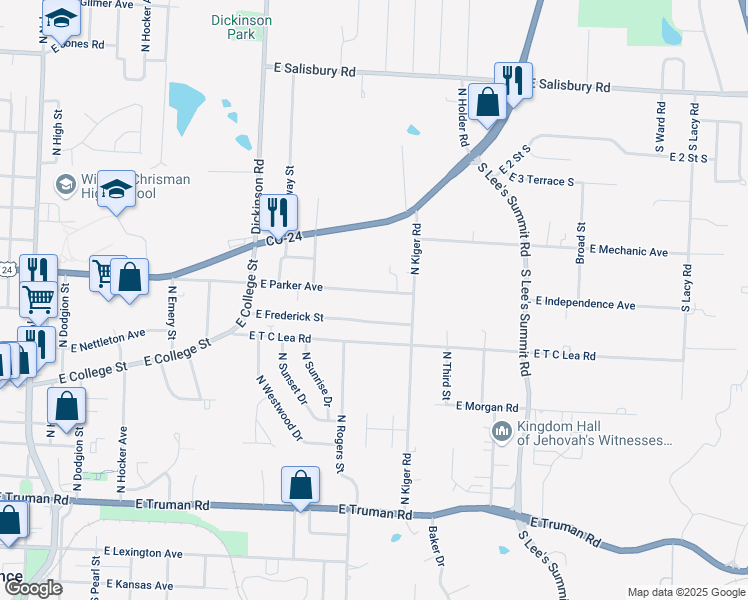 map of restaurants, bars, coffee shops, grocery stores, and more near 1313 East Parker Avenue in Independence
