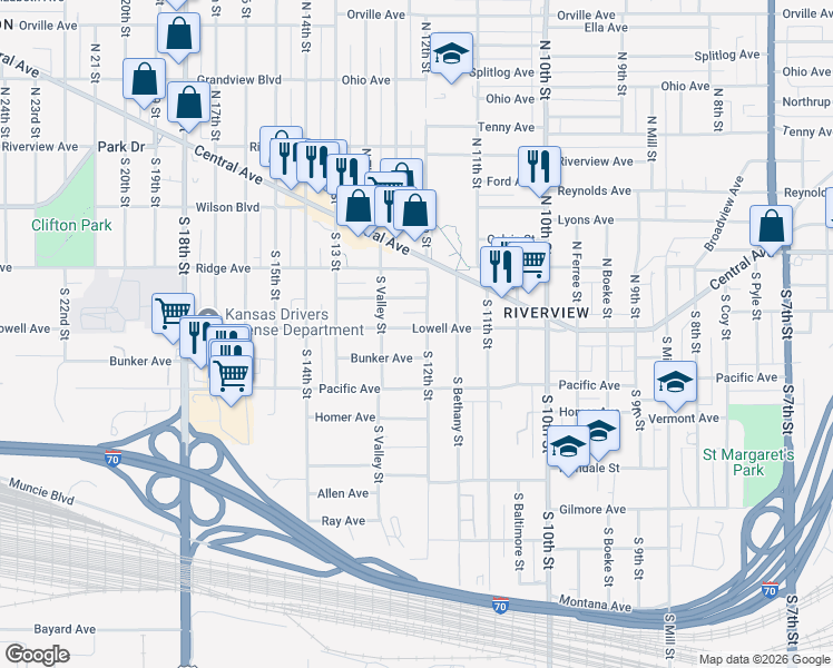 map of restaurants, bars, coffee shops, grocery stores, and more near 1215 Lowell Avenue in Kansas City