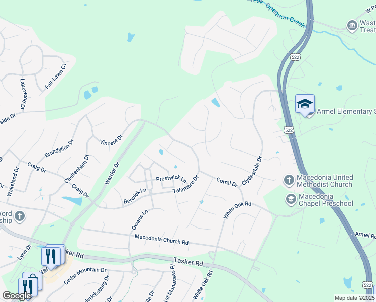 map of restaurants, bars, coffee shops, grocery stores, and more near 433 Talamore Drive in Stephens City