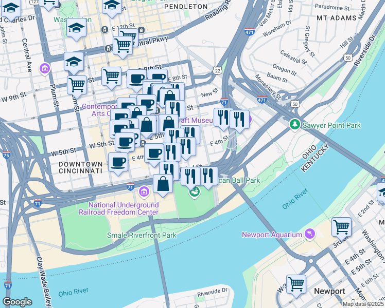 map of restaurants, bars, coffee shops, grocery stores, and more near 319 East 4th Street in Cincinnati