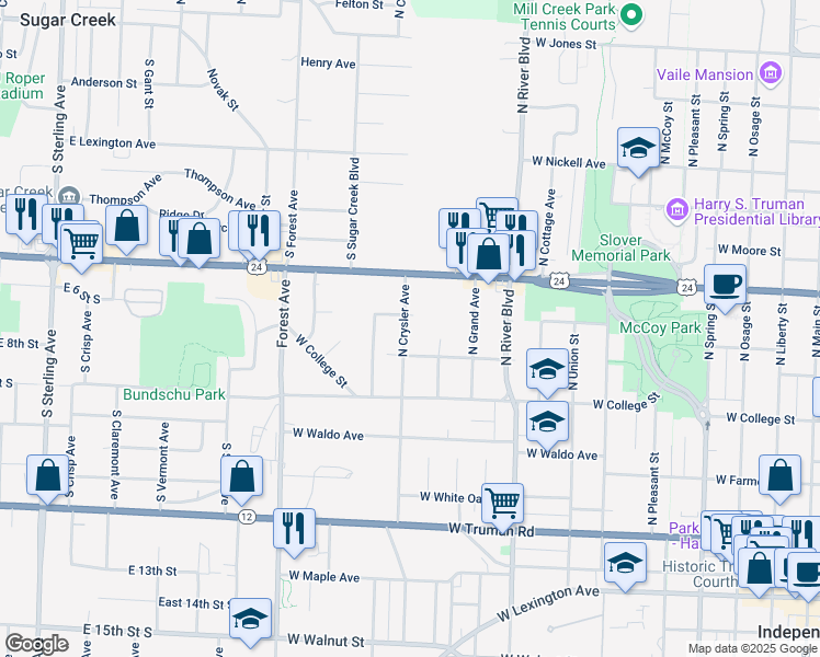 map of restaurants, bars, coffee shops, grocery stores, and more near 821 North Crysler Avenue in Independence