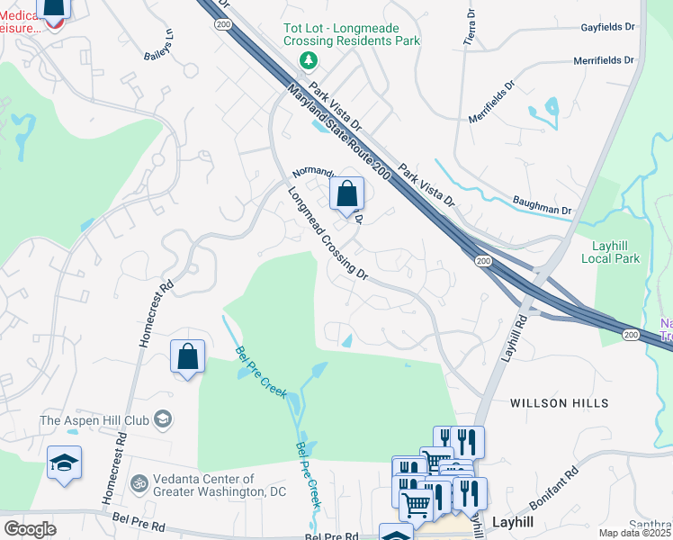 map of restaurants, bars, coffee shops, grocery stores, and more near 14941 Ladymeade Circle in Silver Spring