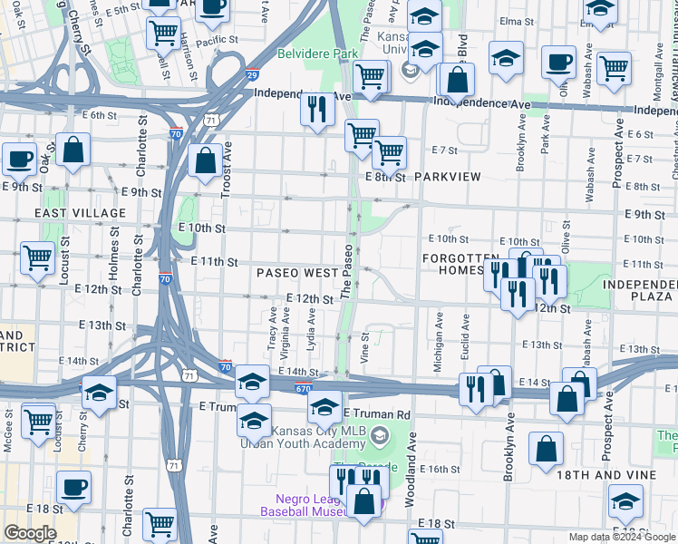 map of restaurants, bars, coffee shops, grocery stores, and more near 1100 The Paseo in Kansas City