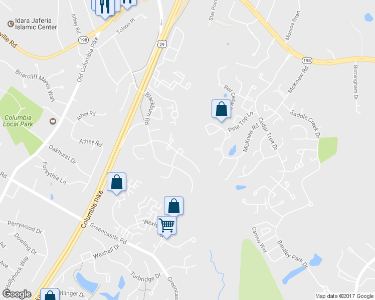 map of restaurants, bars, coffee shops, grocery stores, and more near 14815 Strawberry Lane in Burtonsville