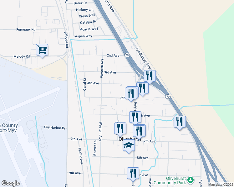 map of restaurants, bars, coffee shops, grocery stores, and more near 1681 5th Ave in Olivehurst