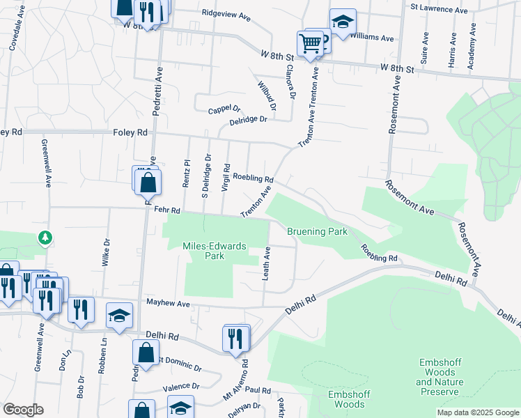 map of restaurants, bars, coffee shops, grocery stores, and more near 528 Trenton Avenue in Cincinnati