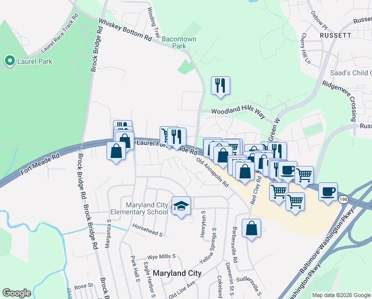 map of restaurants, bars, coffee shops, grocery stores, and more near 3485 Fort Meade Rd in Laurel
