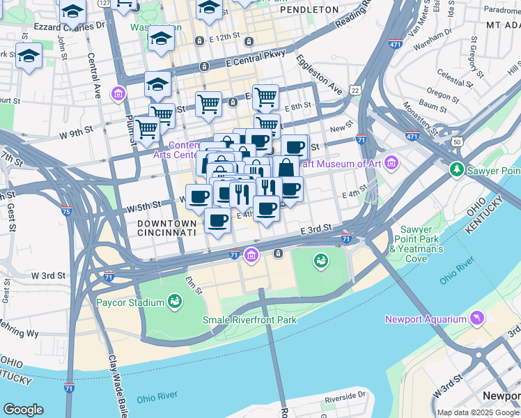 map of restaurants, bars, coffee shops, grocery stores, and more near 14 East 4th Street in Cincinnati