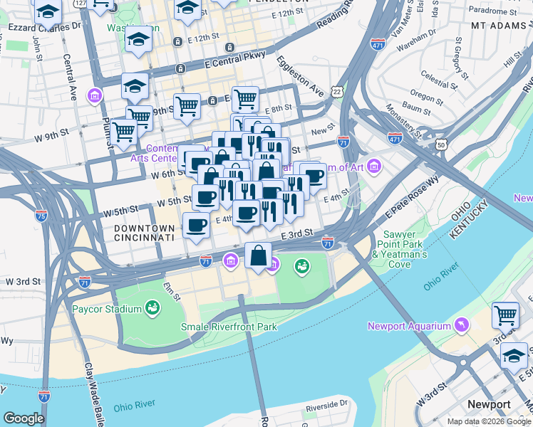 map of restaurants, bars, coffee shops, grocery stores, and more near 201 East 4th Street in Cincinnati