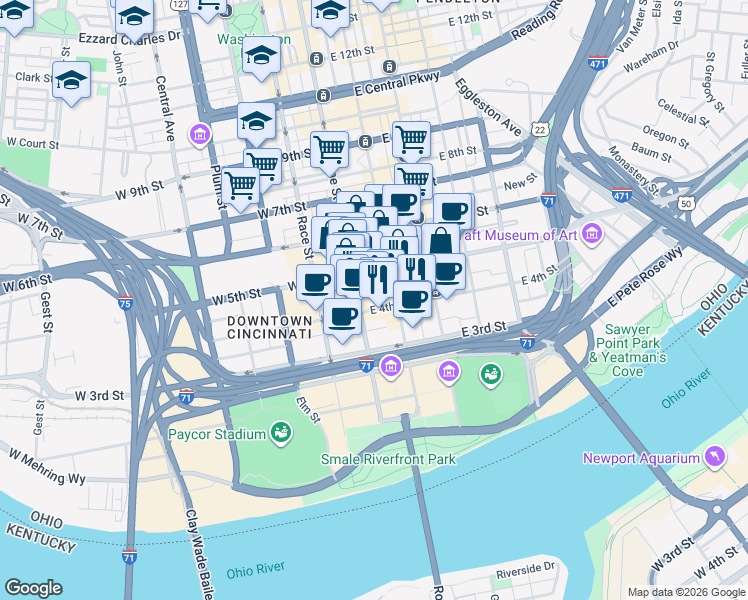 map of restaurants, bars, coffee shops, grocery stores, and more near 115 East 5th Street in Cincinnati