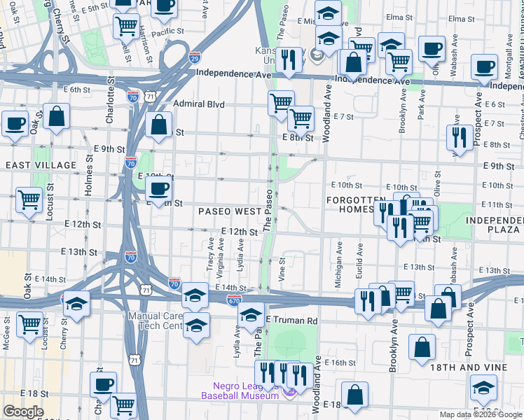 map of restaurants, bars, coffee shops, grocery stores, and more near 1100 Paseo Blvd in Kansas City