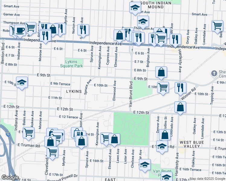 map of restaurants, bars, coffee shops, grocery stores, and more near 1014 Elmwood Avenue in Kansas City