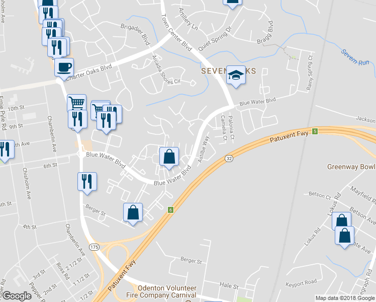 map of restaurants, bars, coffee shops, grocery stores, and more near 2015 Tea Island Court in Odenton