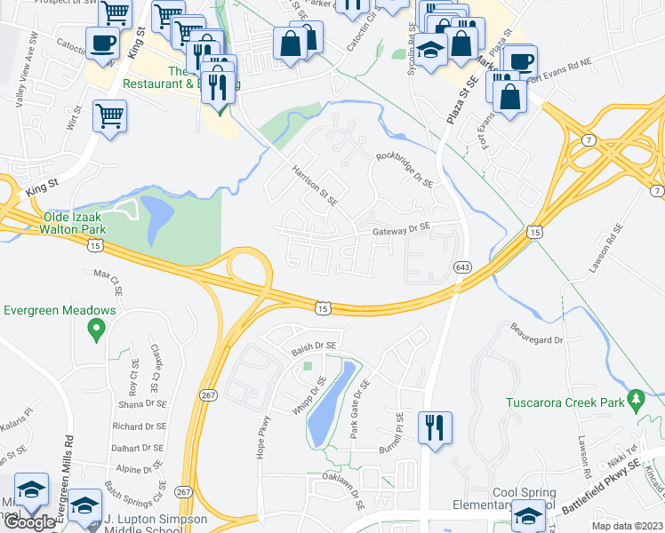 map of restaurants, bars, coffee shops, grocery stores, and more near 635 Constellation Square Southeast in Leesburg
