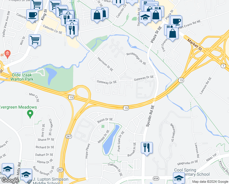 map of restaurants, bars, coffee shops, grocery stores, and more near 870 Vanderbilt Terrace Southeast in Leesburg