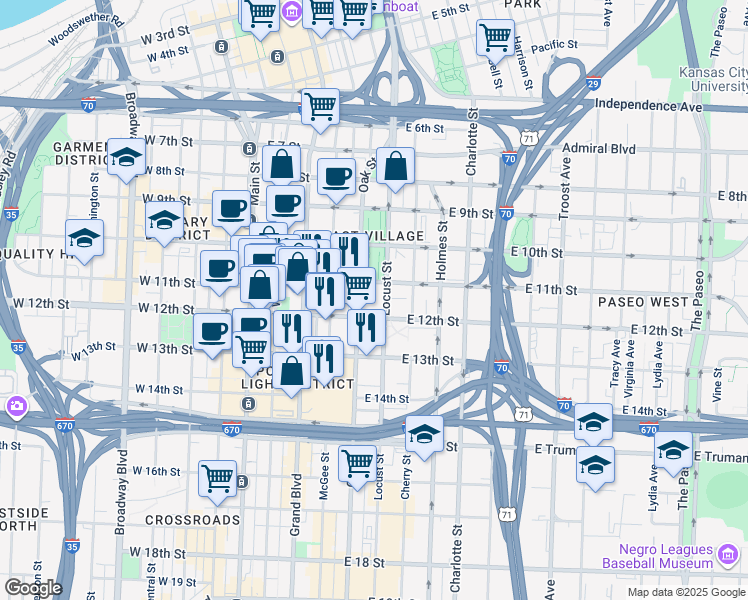 map of restaurants, bars, coffee shops, grocery stores, and more near 414 East 12th Street in Kansas City