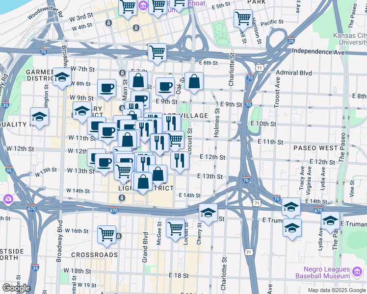 map of restaurants, bars, coffee shops, grocery stores, and more near 414 East 12th Street in Kansas City