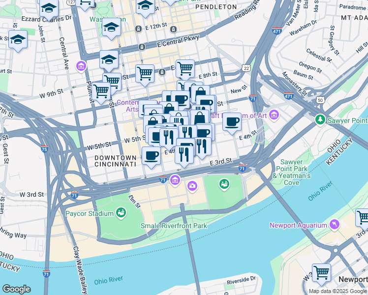 map of restaurants, bars, coffee shops, grocery stores, and more near in Cincinnati