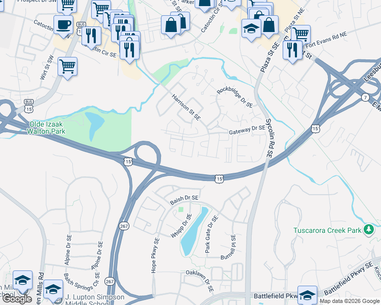 map of restaurants, bars, coffee shops, grocery stores, and more near 631 Constellation Square Southeast in Leesburg