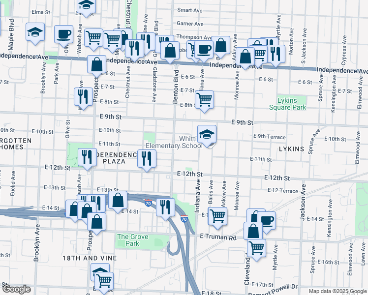 map of restaurants, bars, coffee shops, grocery stores, and more near 3216 East 11th Street in Kansas City