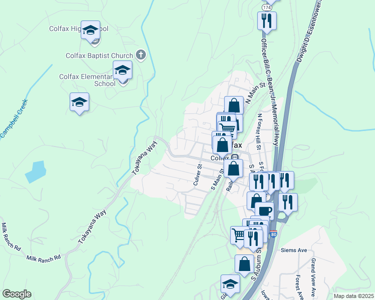 map of restaurants, bars, coffee shops, grocery stores, and more near 44 Colfax Avenue in Colfax