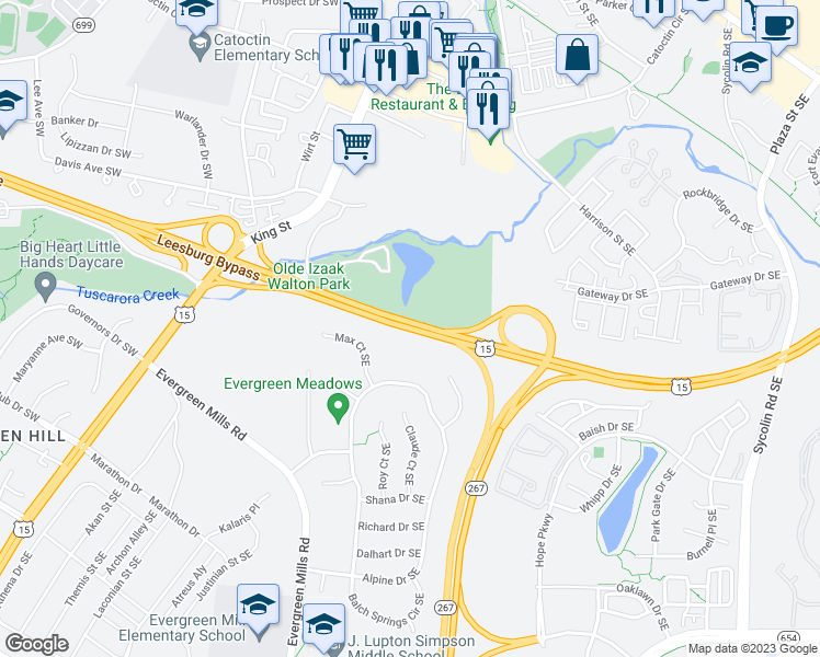 map of restaurants, bars, coffee shops, grocery stores, and more near Leesburg Bypass in Leesburg