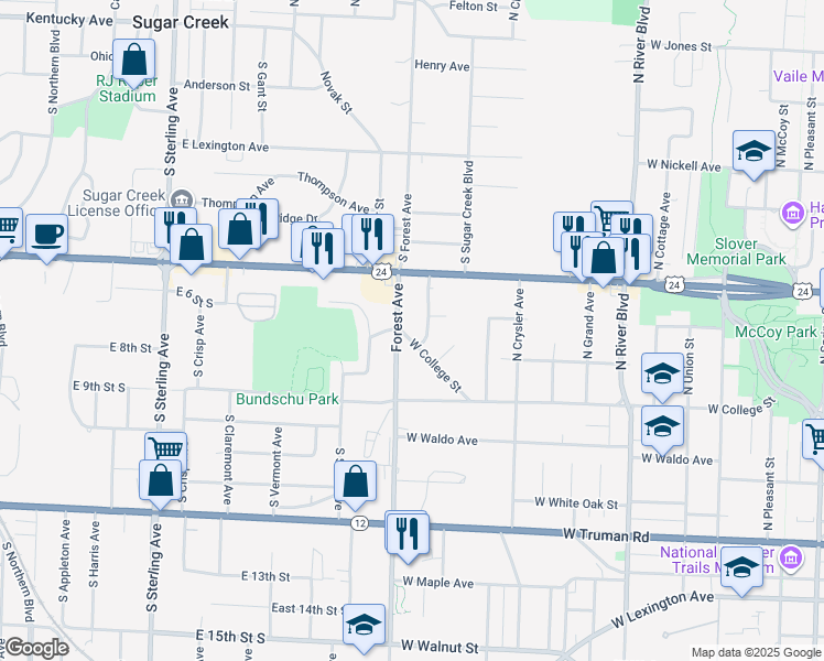 map of restaurants, bars, coffee shops, grocery stores, and more near 1608 West College Street in Independence