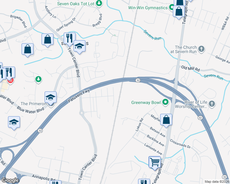 map of restaurants, bars, coffee shops, grocery stores, and more near 1727 Red Fox Trail in Odenton