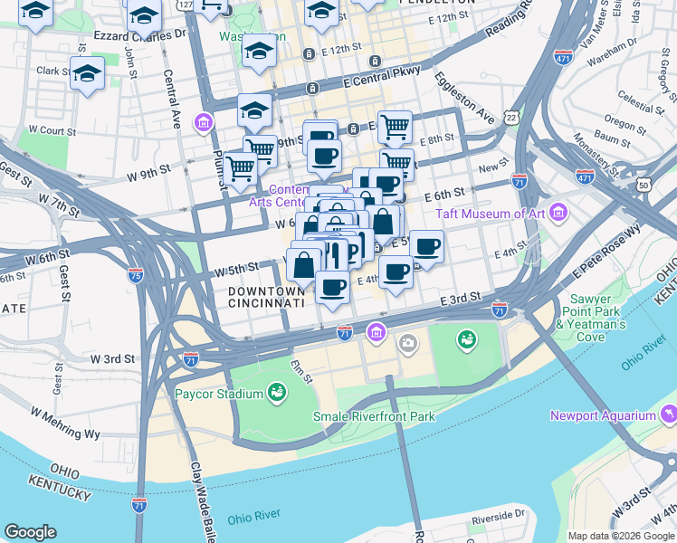 map of restaurants, bars, coffee shops, grocery stores, and more near 495 Vine Street in Cincinnati