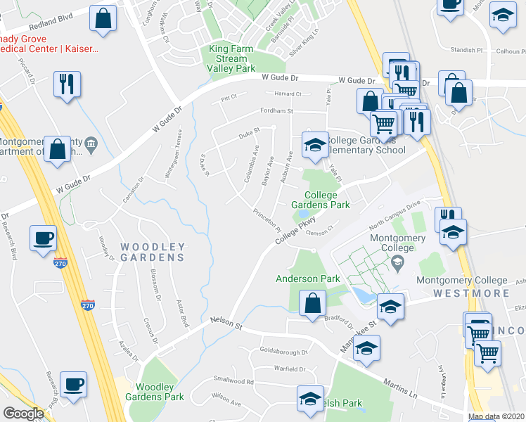 map of restaurants, bars, coffee shops, grocery stores, and more near 903 Princeton Place in Rockville