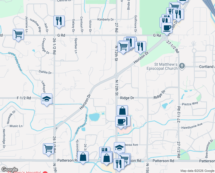 map of restaurants, bars, coffee shops, grocery stores, and more near 1111 Horizon Drive in Grand Junction
