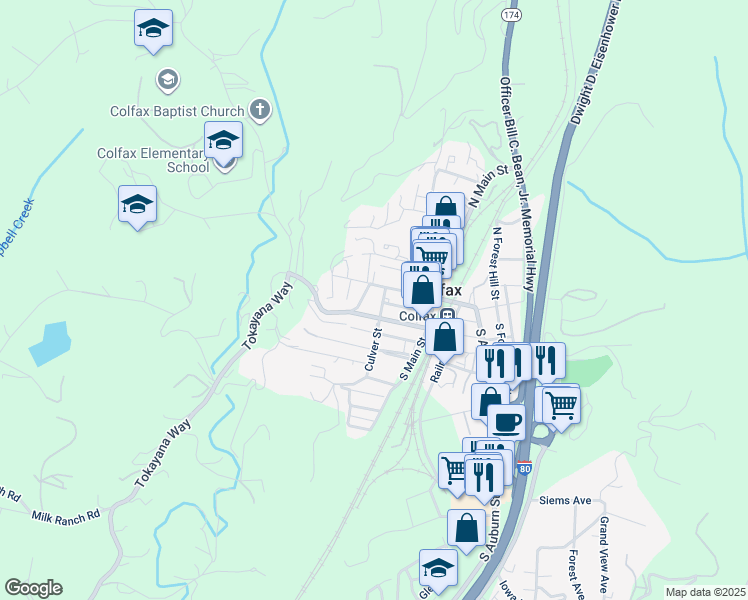 map of restaurants, bars, coffee shops, grocery stores, and more near 10 Culver Street in Colfax