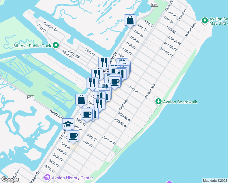 map of restaurants, bars, coffee shops, grocery stores, and more near 2320 Dune Drive in Avalon