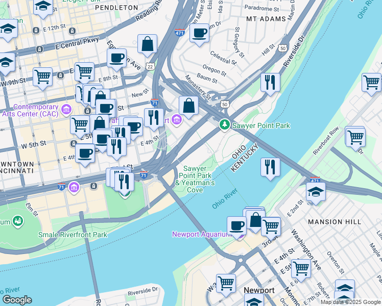 map of restaurants, bars, coffee shops, grocery stores, and more near 601 East Pete Rose Way in Cincinnati