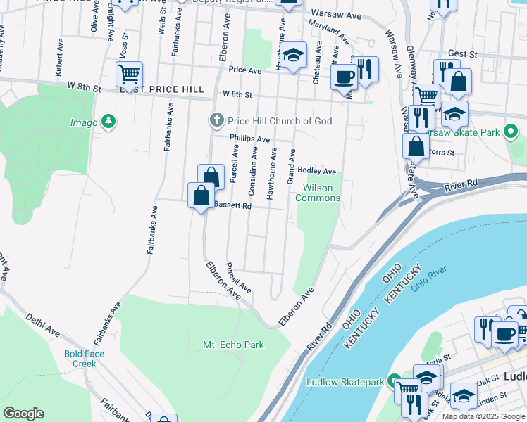 map of restaurants, bars, coffee shops, grocery stores, and more near 534 Hawthorne Avenue in Cincinnati