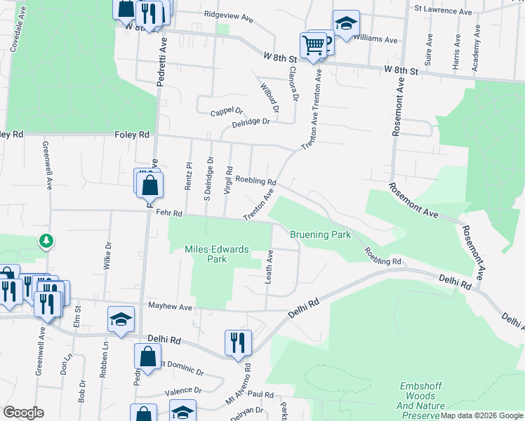 map of restaurants, bars, coffee shops, grocery stores, and more near 528 Trenton Avenue in Cincinnati